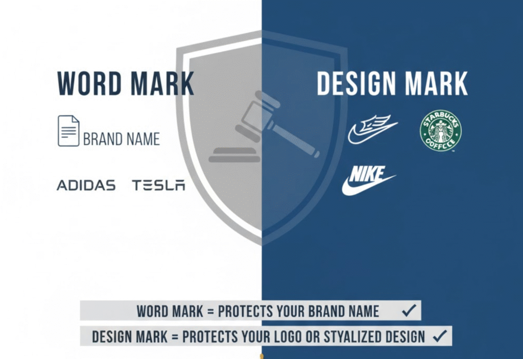 Infographic on trademarks: Word Marks protect brand names (Adidas, Tesla); Design Marks protect logos/stylized designs (Nike, Starbucks).